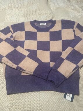 Double Zero Men's Checkerboard Crewneck Sweater in Purple and Beige